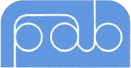 Stylized white "pab" logo on blue background
