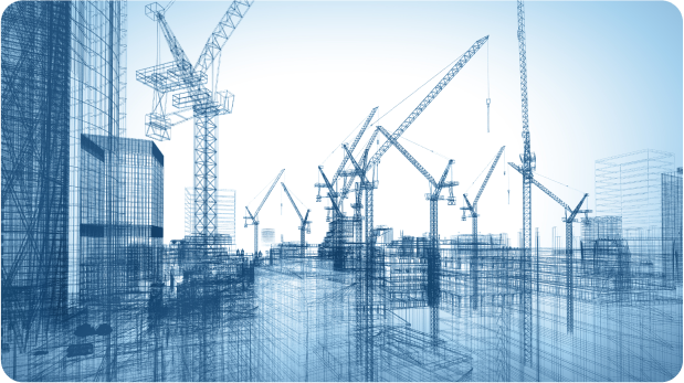 Wireframe construction site with multiple tower cranes